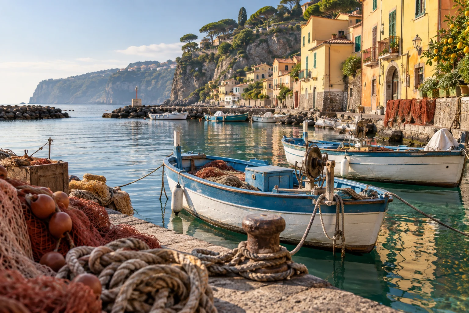 Editorial illustration of wooden fishing boats beside Sorrento’s waterfront