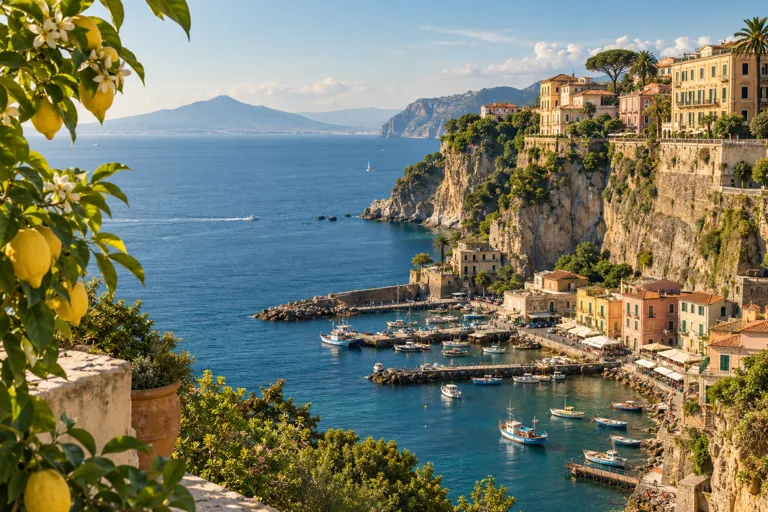 Clifftop houses and a fishing harbor above the blue sea, framed by lemon leaves; editorial illustration.